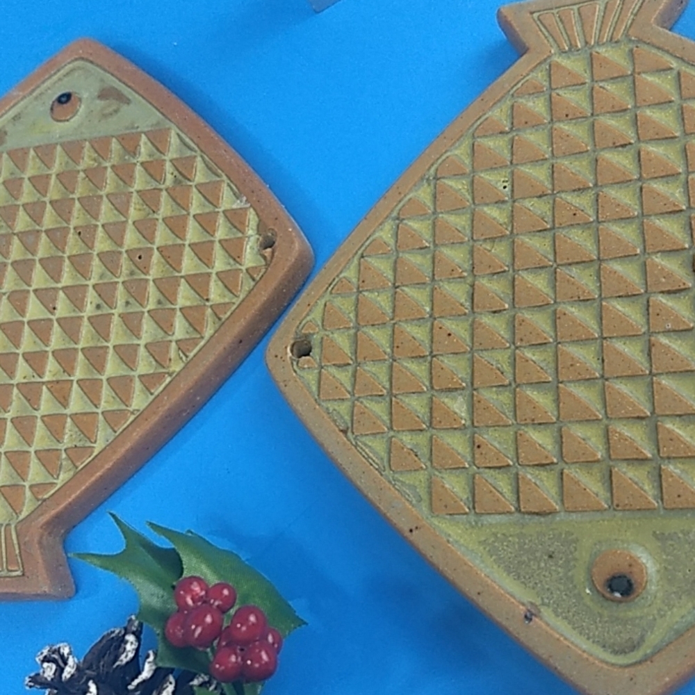 1970s Handmade Fire glazed fish pottery set OF 2 Fish Shaped Trivets